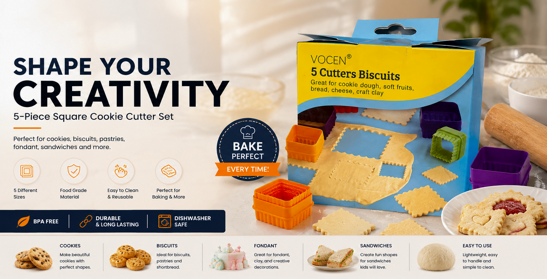 5-Piece Square Cookie Cutter Set – Biscuit, Pastry & Fondant Dough Cutter
