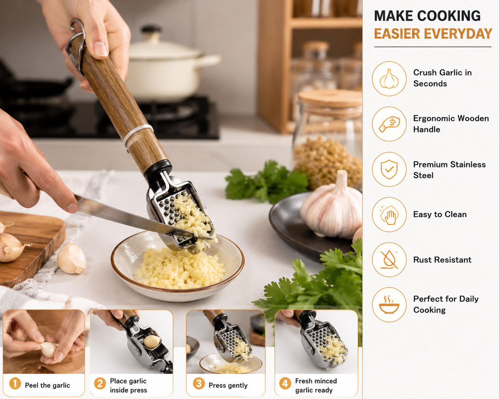 Stainless Steel Garlic Press & Ginger Crusher with Wooden Handle