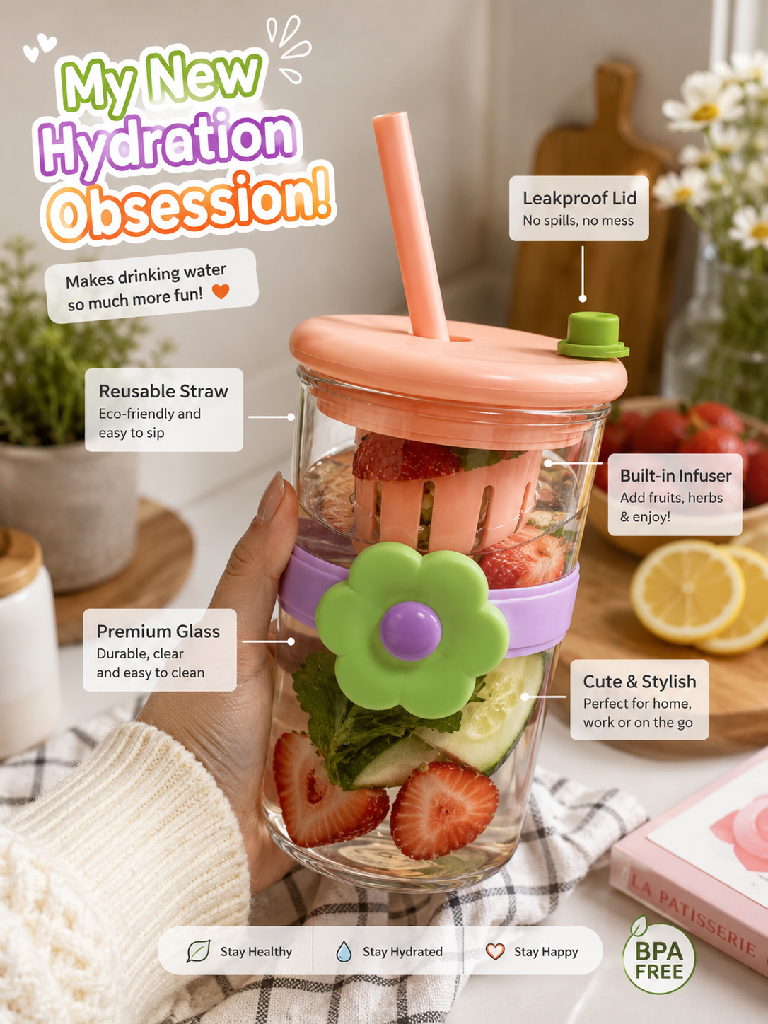 Glass Flower Tumbler for Boys and Girls