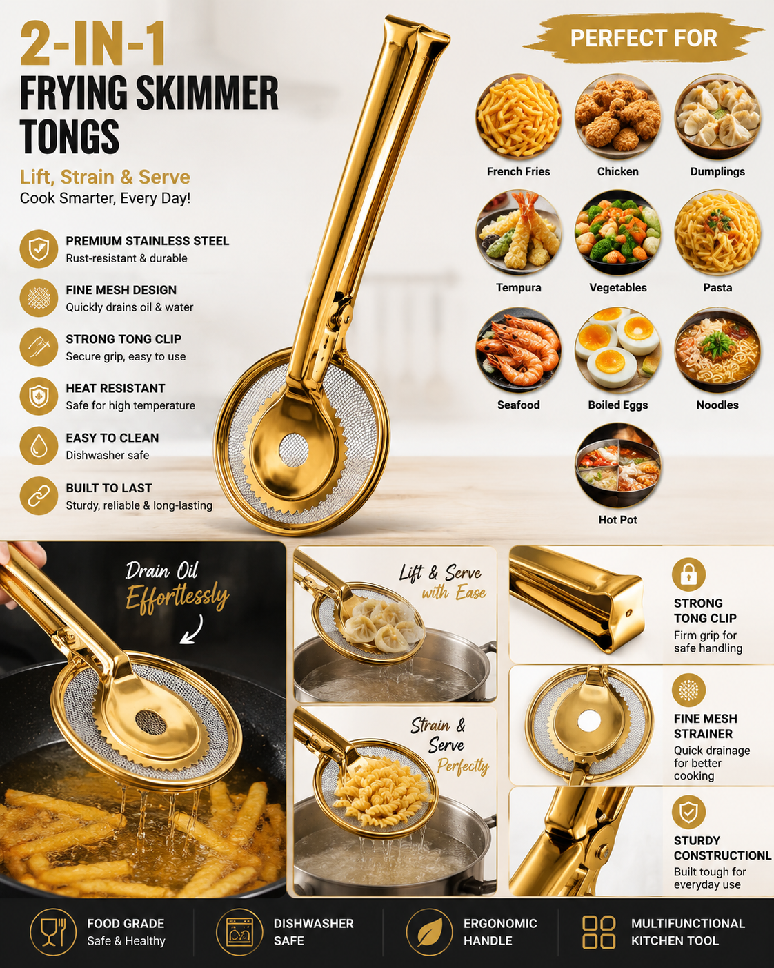 Stainless Steel Frying Skimmer Tongs