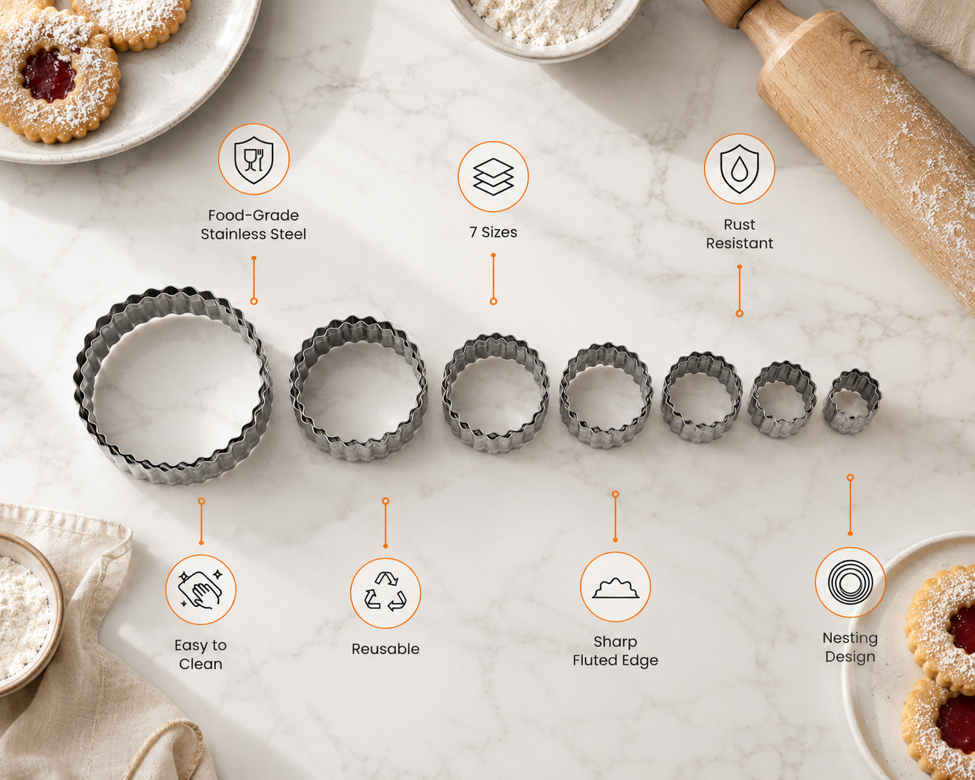 7-Piece Stainless Steel Round Fluted Cookie Cutter Set