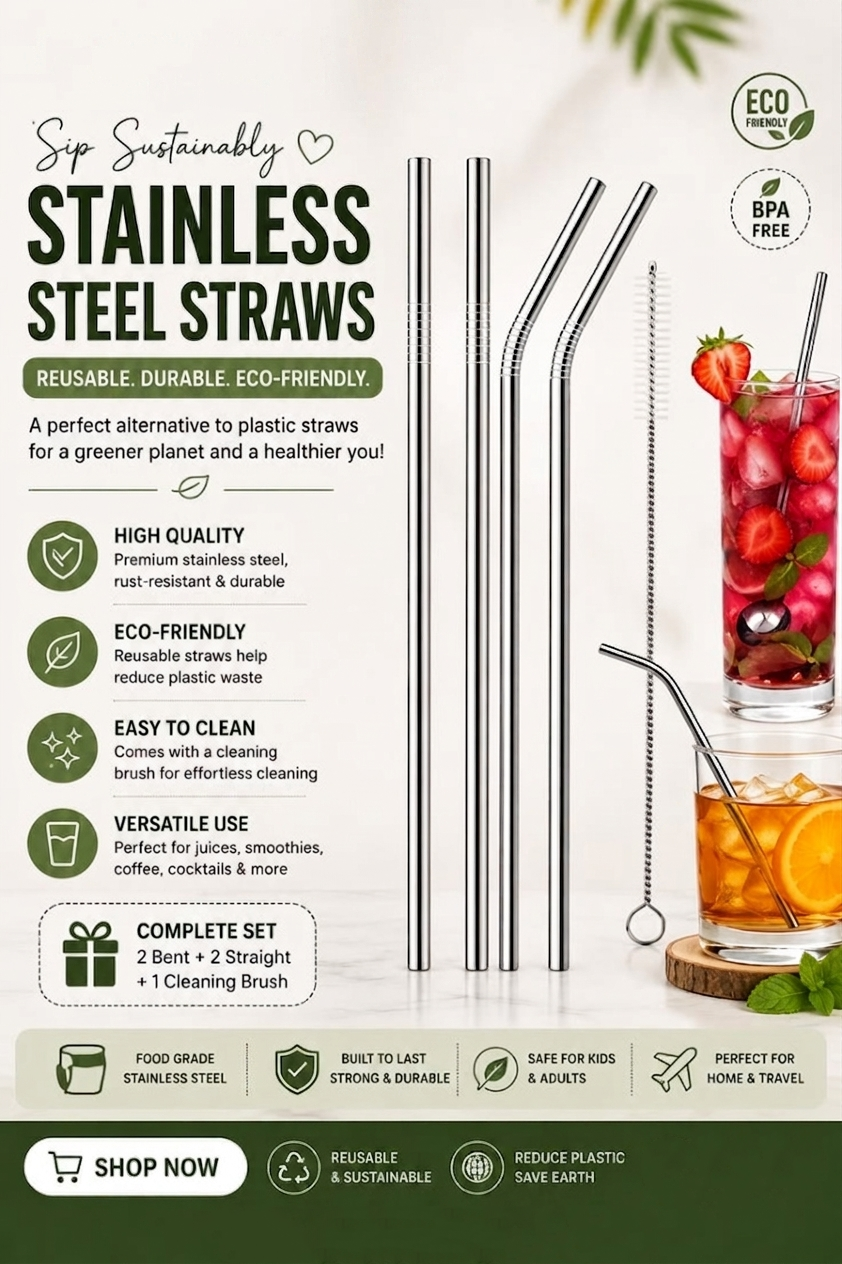 6-Piece Reusable Stainless Steel Drinking Straw Set with Cleaning Brush