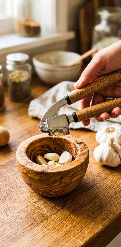 Stainless Steel Garlic Press & Ginger Crusher with Wooden Handle