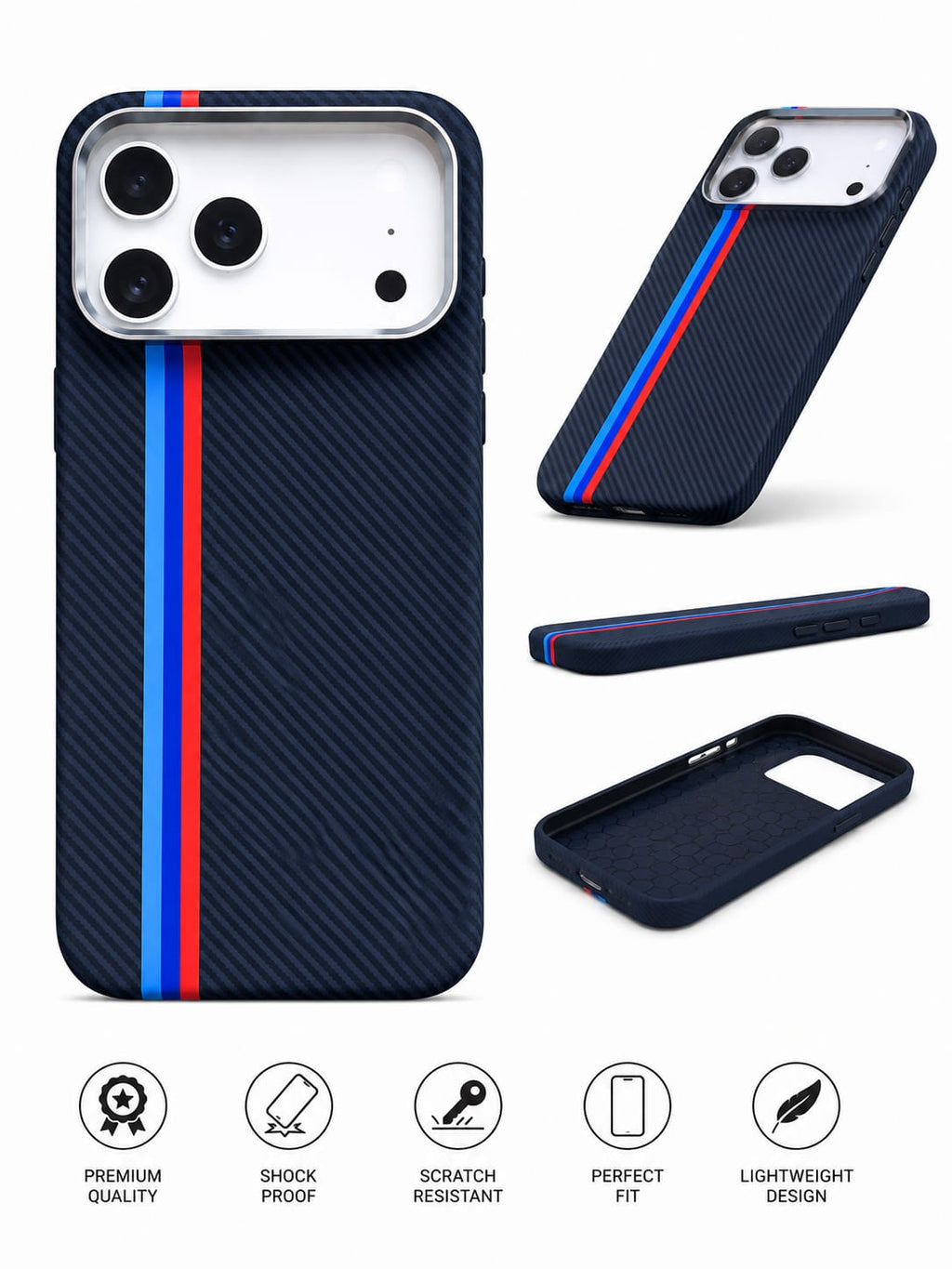 Carbon Fiber Racing Stripe Case for iPhone 17 Pro Max – Blue & Red