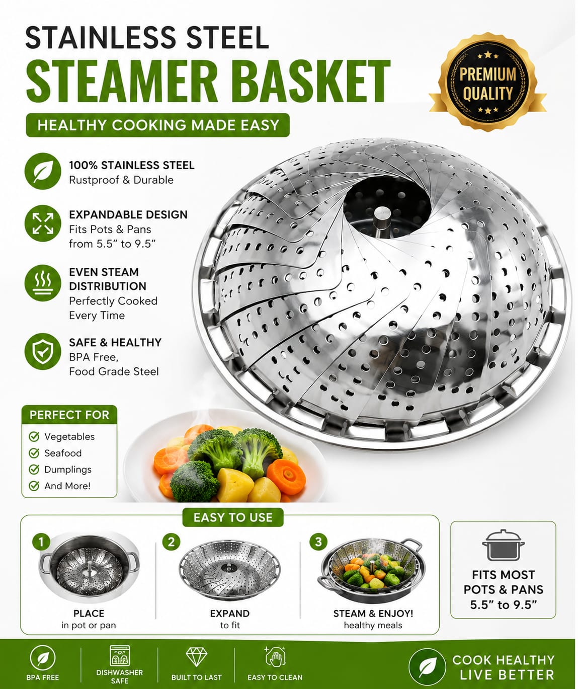 Premium Expandable Stainless Steel Steamer Basket