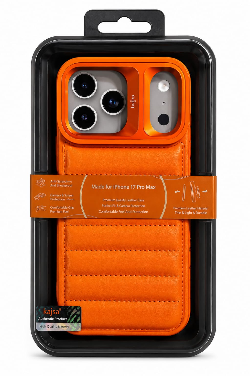 Premium Padded Leather Shockproof Case with Metal Camera Guard for iPhone 17 Pro Max – Vibrant Orange