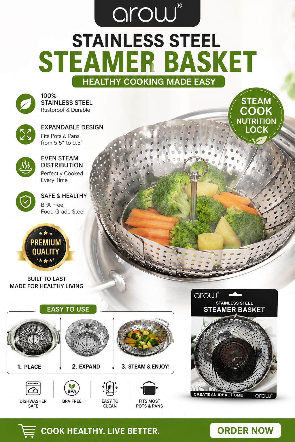 Premium Expandable Stainless Steel Steamer Basket