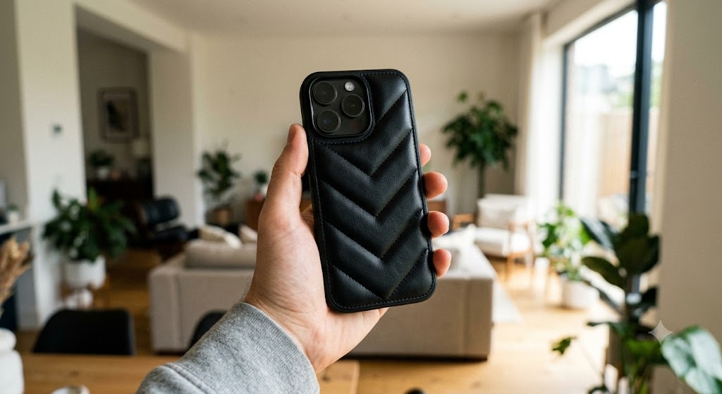 Luxury Black Quilted Leather-Style Case for iPhone 15 Pro Max
